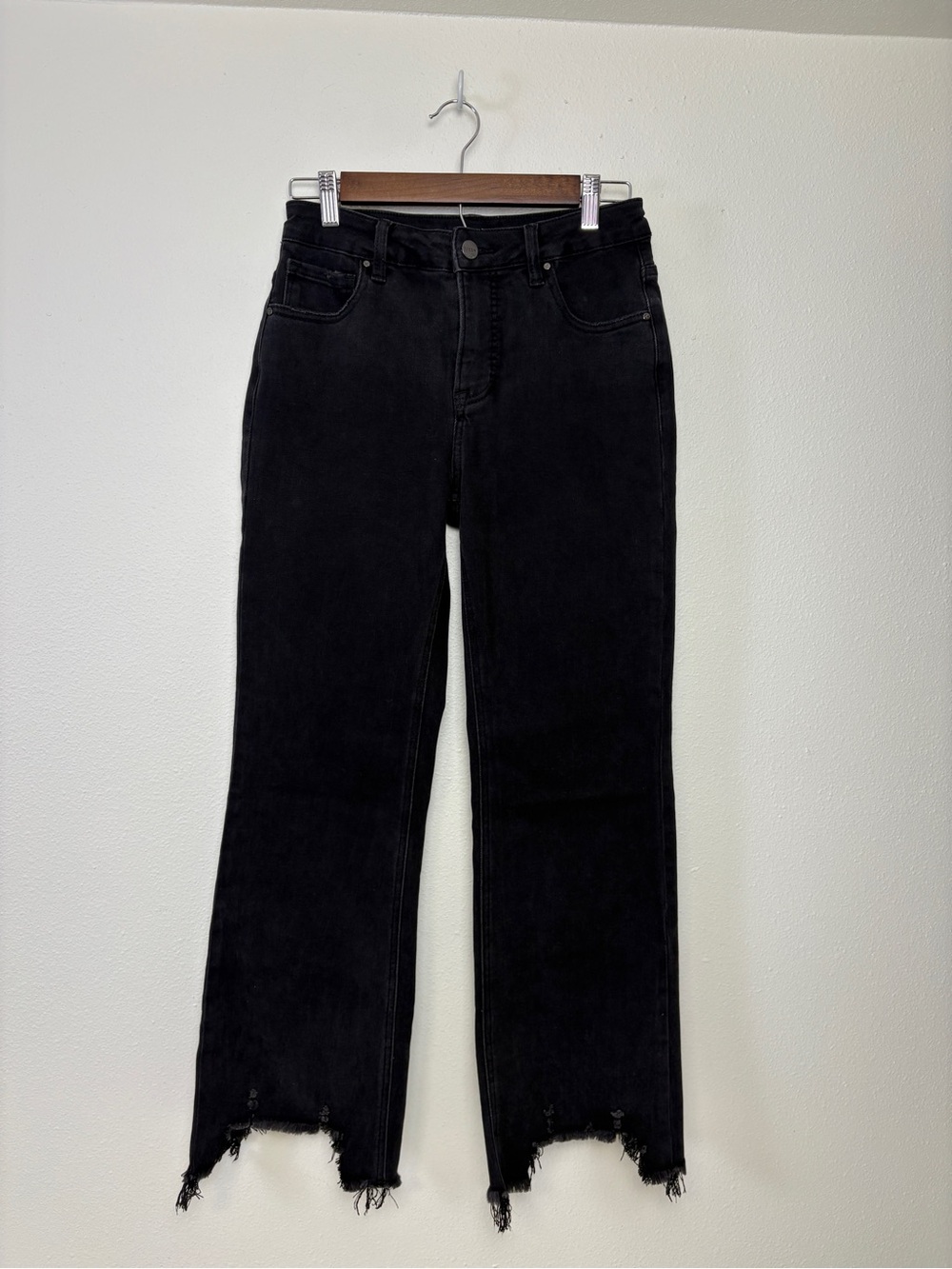 High-Rise Black Straight Leg Jeans with Raw Hem by Risen